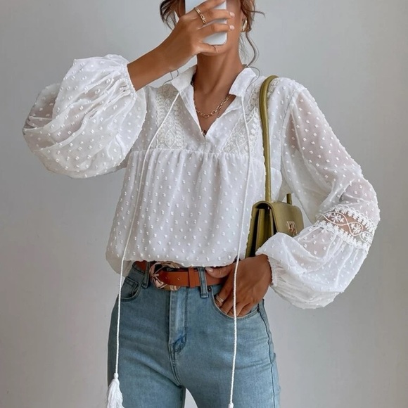Boho gypsy long sleeve lantern puff sheer swiss dot white lace shirt tassel top - Picture 1 of 4